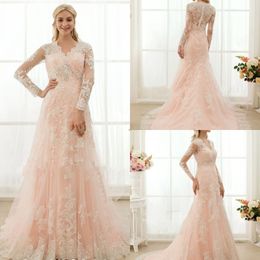 2020 Elegant Wedding Dresses V Neck Crystal Long Sleeve Lace A Line Wedding Dresses Floor Train Bridal Gowns