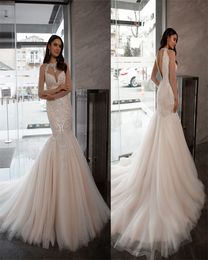 Sexy Illusion Mermaid Wedding Dresses High-neck Long Sleeves Backless Appliques Lace Beaded Bridal Gown Sweep Train Vestidos De Novia Cheap