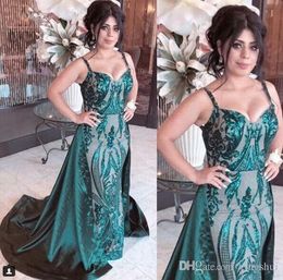 Dark Green Mermaid Evening Dresses with Detachable Train Spaghetti Sequined special occasion dress sweep train prom pageant gowns