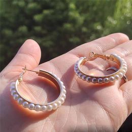 New Boho White Imitation Pearl Round Circle Hoop Earrings For Women Oversize Big Earings Brincos Statement Earrings