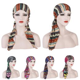 Muslim Women Flower Print Ladies Head Wrap Cover Chemo Cap Hijab Turban Long Tail Bonnet Hat Hair Loss Bandanas Ethnic Fashion
