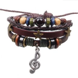 Music Notation Leather Bracelets Charm Star Multilayer Adjustable Leather Mens Cuffs Beaded Bracelet for Valentine's Day Gift