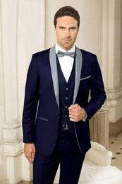 Navy Blue Groom Tuxedos Shawl Lapel Groomsman Wedding 3 Piece Suit New Fashion Men Business Prom Jacket Blazer(Jacket+Pants+Tie+Vest) 2297