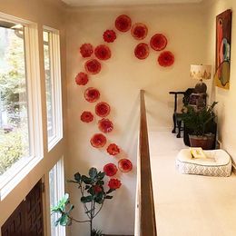 Creative Red Flower Plates Murano Glass Wall Lamps Arts Villa Hotel Art Decoration Hanging Lightings