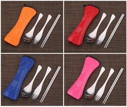 Dinnerware Set Stainless Steel Fork Spoon Chopstick Kit with Bag Portable Outdoor Travel Picnic Tableware W8594