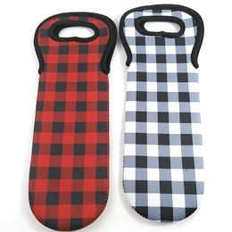 Christmas Red Cheque Wine Holder Wholesale Blanks Neoprene Buffalo Plaid Cooler Covers Wedding Gift Wraps 35pcs