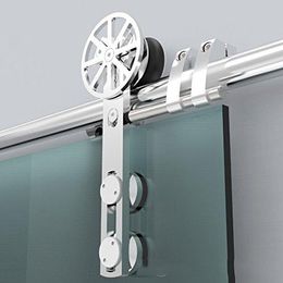 5ft-8ft Glass Barn Door Hardware Track kit Brushed Stainless Steel Move Spoke Wheel Sliding