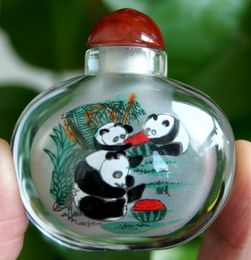 Chinese Collectible Handmade inside painted Panda glass snuff bottle