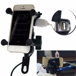 Freeshipping Universal 12V Motorcycle Cell Phone & GPS Mount Holder X Grip Clamp with USB Charger 5V/2A For Electric Bicycle Scooter ATV