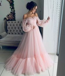 Pink Appliqued Long Sleeves Prom Dresses Off The Shoulder A Line Formal Dress Floor Length Tulle Plus Size Evening Gowns