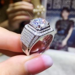 Handmade Sparkling Luxury Jewellery 925 Sterling Silver Round Cut Big White Topaz CZ Diamond Gemstones Women Wedding Band Ring For Men Gift