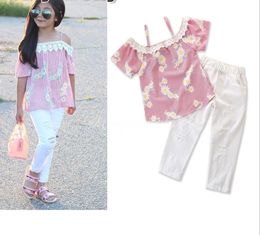 New design baby girls fashion summer outfits INS hot sell floral suspender T-shirt tops+white pant 2pcs set girl boutique clothes