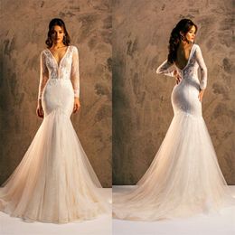 Floral Mermaid Wedding Dresses Sexy V-neck Long Sleeve Applique Lace Bridal Gown Backless Sweep Train Custom Made Beach Robes De Mariée