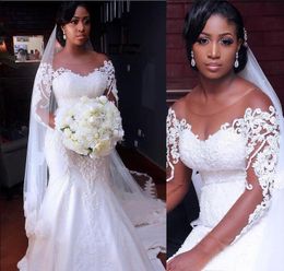 African Plus Size Wedding Dresses With Sheer Neckline 3D Appliques Illusion Long Sleeves Mermaid Wedding Gowns Beads Sequins Bridal Dress