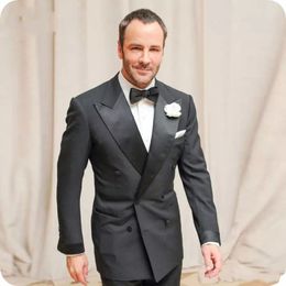 Charcoal Groom Tuxedos Double-Breasted Men Wedding Tuxedo Popular Men Jacket Blazer Men Dinner/Darty Suit Custom Made(Jacket+Pants+Tie) 1292