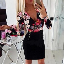 Women Plus Size Dress Sexy V Neck Long Sleeve Rose Printed Button Party Mini Dresses Elgant Bodycon dresses woman party night