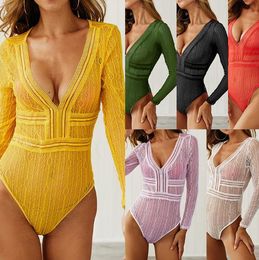 Deep V neck Lace Mesh Crochet Bodysuit Women Slim Fit Romper Jumpsuit Sexy High Street Bodysuits Tops for Women Clothing