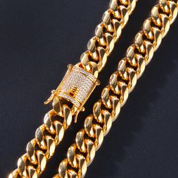 18k Gold Plated Tone Stainless Steel Mens Necklace Chains Curb Cuban Link Chain with Diamond Iced Out Keylock Buckle Hip Hop Fashion Jewelry