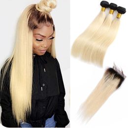 Malaysian Human Hair Extensions 3 Bundles With 4X4 Lace Closure 1B/613 Straight 1B 613 Double Wefts With Lace Closures 10-28inch