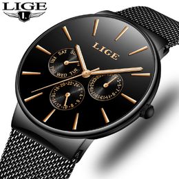Mens Watches Lige Top Brand Luxury Waterproof Ultra Thin Date Clock Male Steel Strap Casual Quartz Watch Men Sports Wrist Watch Y1227l