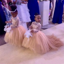 Little Bride Flower Girl Dresses Lace Appliques Short Sleeves Bow Back Girls Pageant Dress Custom Made Ankle Length Kids Formal Wear