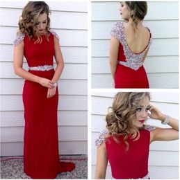 2019 Beaded Crystal Prom Dresses Long Red Colour Cap Sleeve Sheath Dresses Evening Wear Chiffon Long Party Formal Dress paolo sebastian