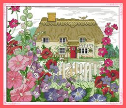 Joy sunday Morning glory hut cabin decor painting ,Handmade Cross Stitch Embroidery Needlework sets counted print on canvas DMC 14CT /11CT