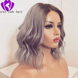 180% Density short loose wave Synthetic Lace Front Wig With Natural Hairline Glueless Ombre Grey Short Wigs For Black Women