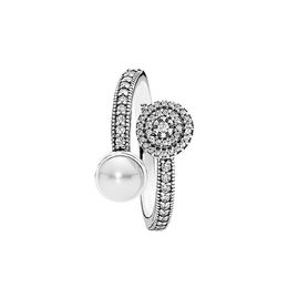 Wholesale-Natural pearls Open RING Set Original Box for 925 Sterling Silver CZ Diamond elegant Women Wedding Rings
