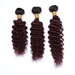 Indian Virgin Human Hair Burgundy Ombre Weave Wefts Black Roots 3Pcs #1B/99J Ombre Red Wine Deep Curly Human Hair Bundles Mixed Length
