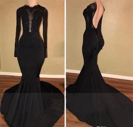 Black Mermaid Prom Dresses 2018 Long Sleeves crew Open Backless Appliques Evening Gowns Court Train Arabic Dresses Women Formal Wear