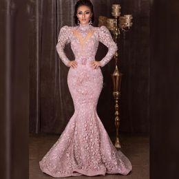Pakistan Lace Mermaid Evening Dresses High Neck Illusion Long Sleeves Prom Dress With Sash African Dubai Women Formal Dresses Party Wear