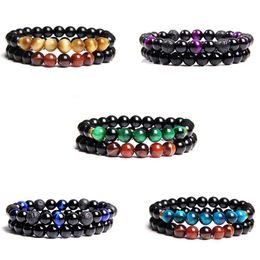 2 Pcs Couples Bracelets Men Polished Black Onyx Beads Bracelet For Women Healing Energy Green Tiger Eye Stone Bangle Jewelry