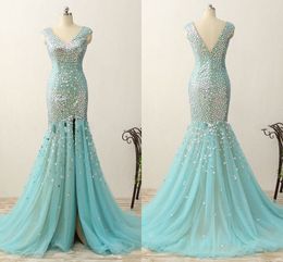 Elegant Evening Gowns Teal Blue Mermaid Prom Dress 2020 Double V-neck Crystals Open Back Zipper Train Pagenat Party Dress Women Gowns Long