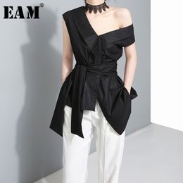 [EAM] Women Bandage Bow Asymmetrical Blouse New Skew Collar Short Sleeve Loose Fit Shirt Fashion Tide Spring Autumn 2020 J4950 MX200407