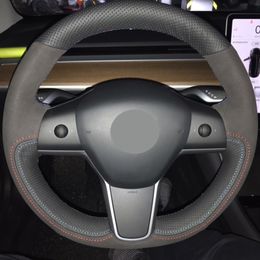 DIY Hand Sewing Car Steering Wheel Cover Suede Cow Leather Volant Braid on the Steering wheel For Tesla Model 3 2017 2018 2019