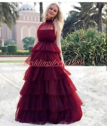Beautiful High Neck Prom Dresses Tiered Tulle Sleeveless Juniors African Pageant Robe De Soiree Evening Gowns Celebrity Special Occasion
