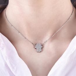 Fashion-Silver Jewelry Micro Pave Cubic Zirconia Hamsa Hand Icedd Out Cool Womens Chain Necklace Choker Necklace Fine Jewelry
