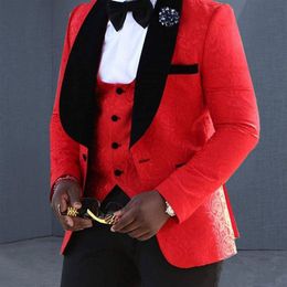 New Excellent Style One Button Red Groom Tuxedos Shawl Lapel Groomsmen Best Man Suits Mens Wedding Suits (Jacket+Pants+Vest+Tie) 752