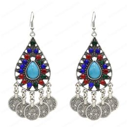 Vintage Boho Jhumka Coin Tassel Oxidized Drop Dangle Indian Colorful Rhinestone Earrings For Women Wedding Jewelry