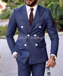 Double-Breasted Navy Blue Strips Groom Tuxedos Peak Lapel Groomsmen Mens Suits Wedding/Prom/Dinner Blazer (Jacket+Pants+Tie) K469