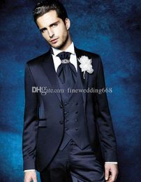 Newest Dark Blue Groomsmen Notch Lapel Wedding Groom Tuxedos Men Suits Wedding/Prom/Dinner Best Man Blazer(Jacket+Tie+Vest+Pants) 575
