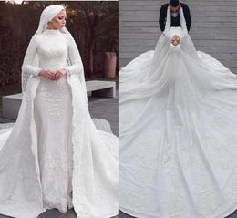 mermaid with detachable train wedding dress applique court train bridal dress high collar long sleeve custom made vestidos de novia