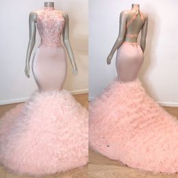 2019 Chic Fasion Halter Light Pink Prom Dresses High Neck Backless Lace Top Handmade Flower Ruffle Women's Evening Party Gowns Real Image