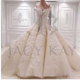 Sukienki wspaniałe suknie ślubne z piłką z koraliki z koronki Applique Suknia ślubna pociąg katedrowy
