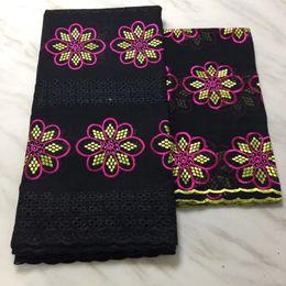 5Yards New fashion black african cotton fabric with flower embroidery and 2Yards french net lace set for dress BC40-1