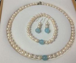 Free ShippiNG 7-8MM White Akoya Cultured Pearl/Alexandrite bracelets necklace earrings set