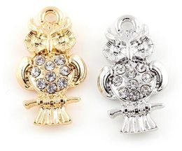 20PCS/lot 14x25mm (Golden,Silver Color) Rhinestones Owl Hang Pendant Charms Fit For DIY Floating Dangle Locket Jewelrys