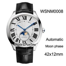 New Drive WSNM0008 Steel Case Silver Texture Dial Big Roma Automatic Moon Phase Mens Watch Black Leather Cheap Watches CAR-B31b2224K