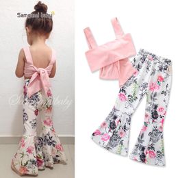 kids designer clothes girls summer outfit ins girl's cute pink top with a belt + white floral flared trousers